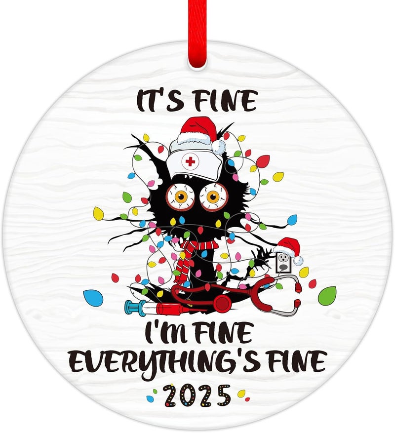 PETCEE Funny Cat Christmas Ornament 2025 - Everything's Fine Ornaments Hanging Decoration Black Cat Fire Ornaments for Christmas Tree Funny Commemorative Ornament - Image 1